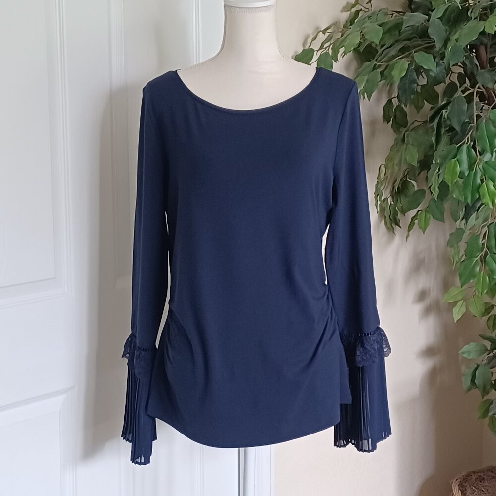 EUC White House Black Market Blue Blouse with Pleated Cuffs Size Large